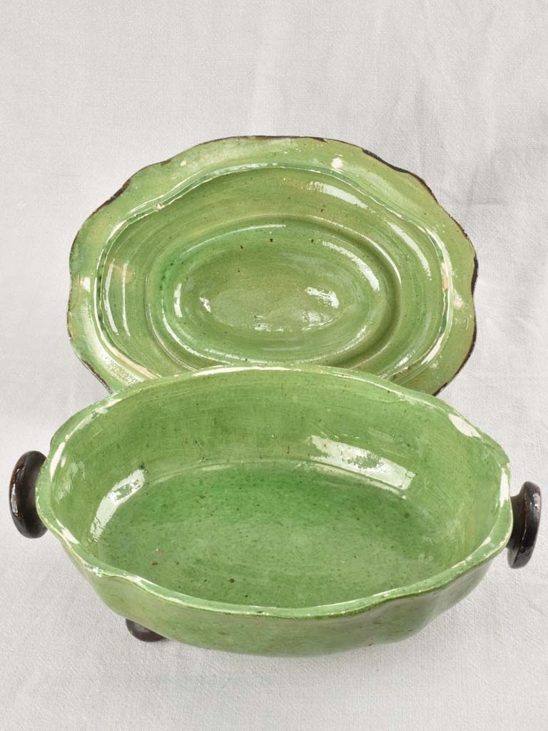 Large green Dieulefit tureen green with brown handles