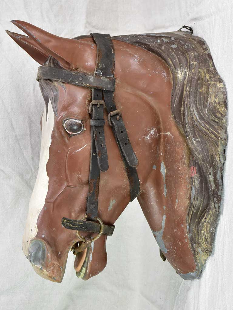 Life-size antique French horse head - zinc with leather bridle