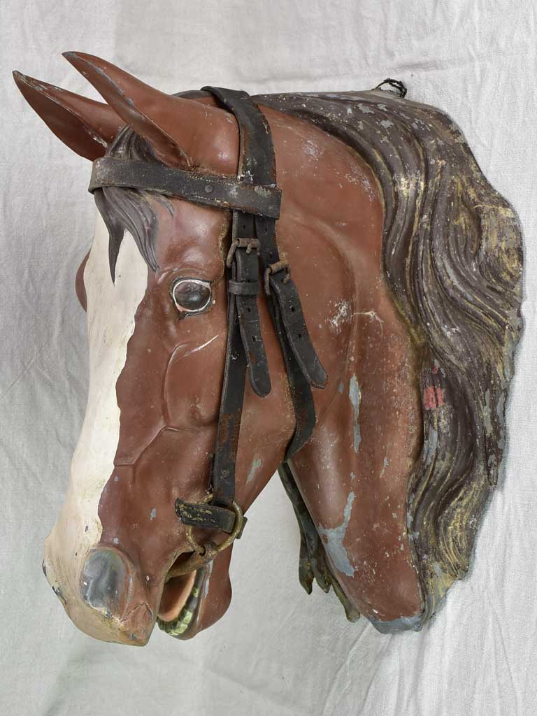 Life-size antique French horse head - zinc with leather bridle