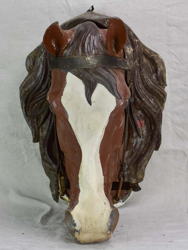 Life-size antique French horse head - zinc with leather bridle