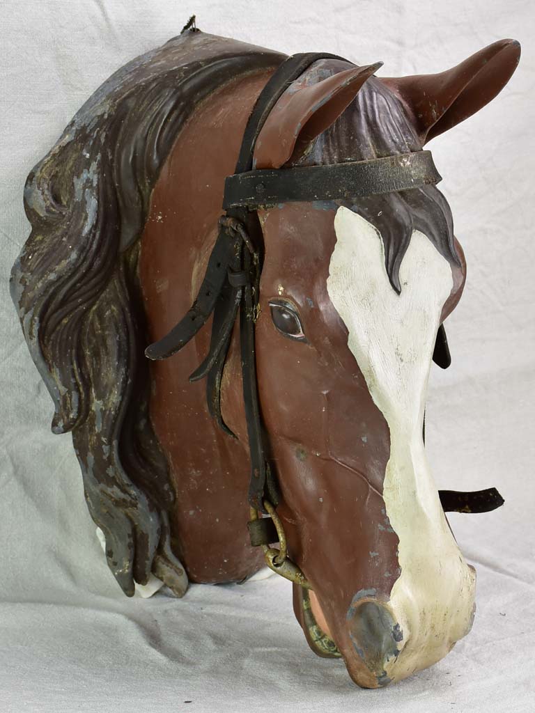 Life-size antique French horse head - zinc with leather bridle