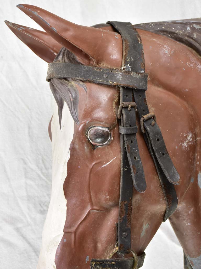 Life-size antique French horse head - zinc with leather bridle