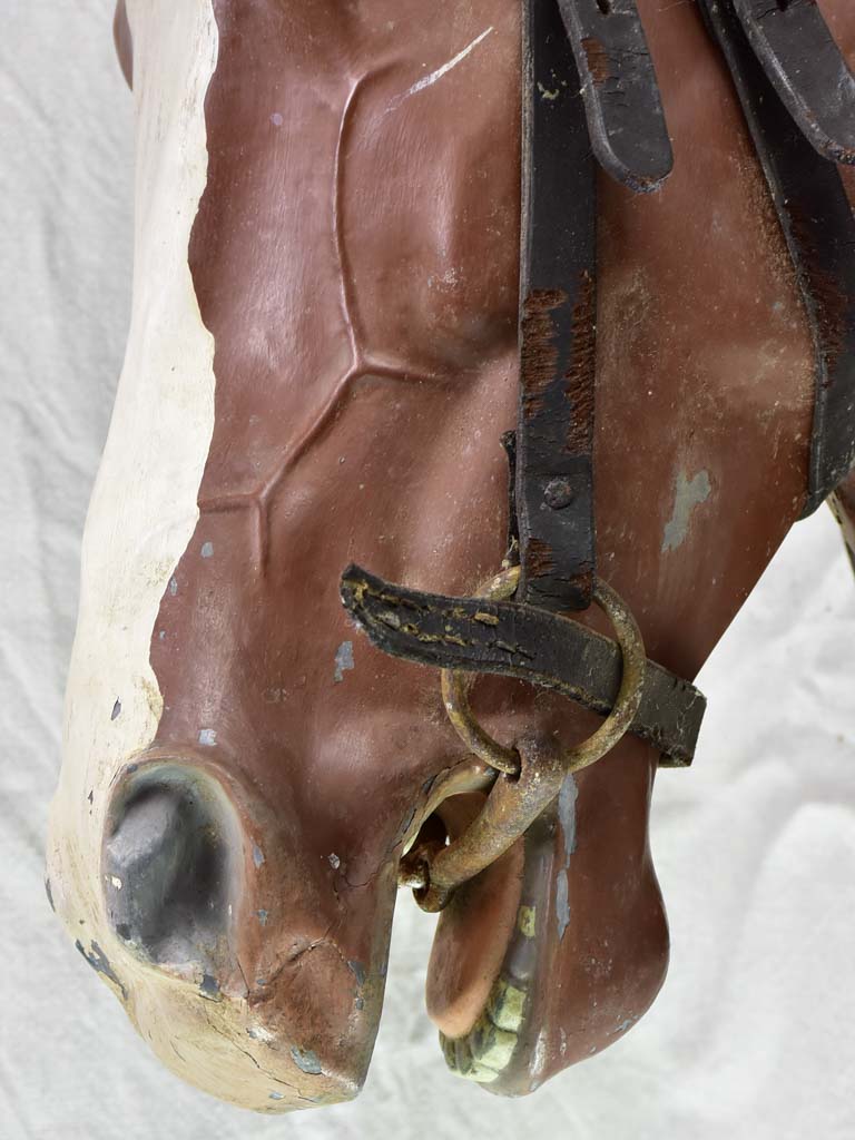 Life-size antique French horse head - zinc with leather bridle