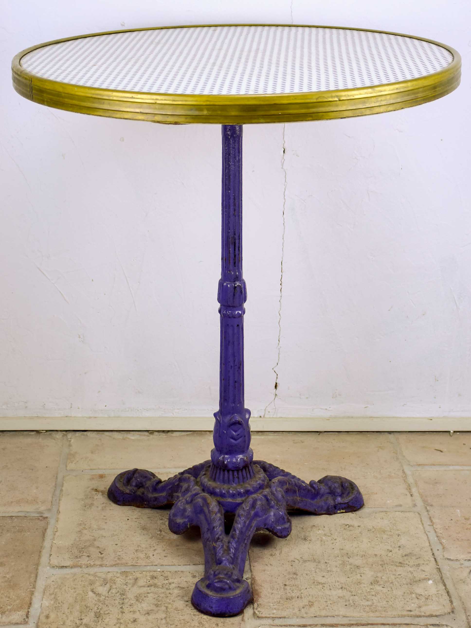 Vintage French bistro table with blue cast iron base