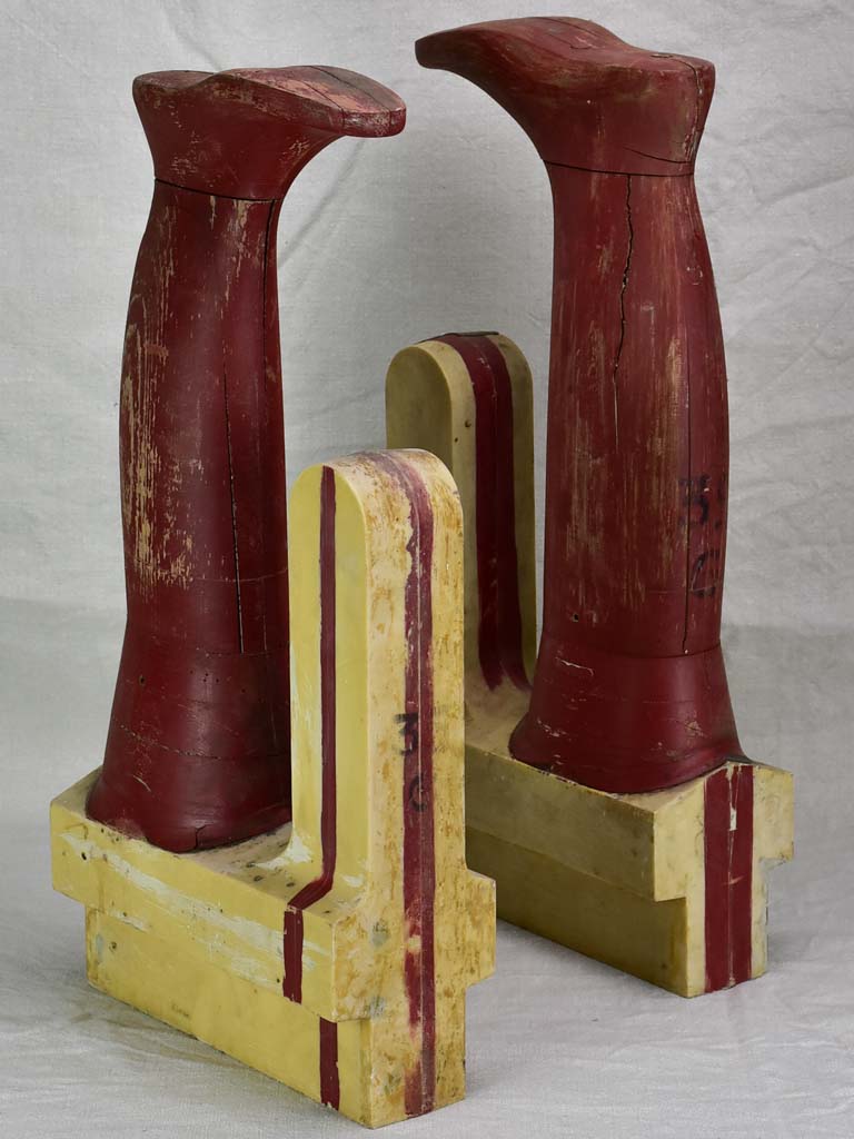 Large antique French wooden boot molds - red