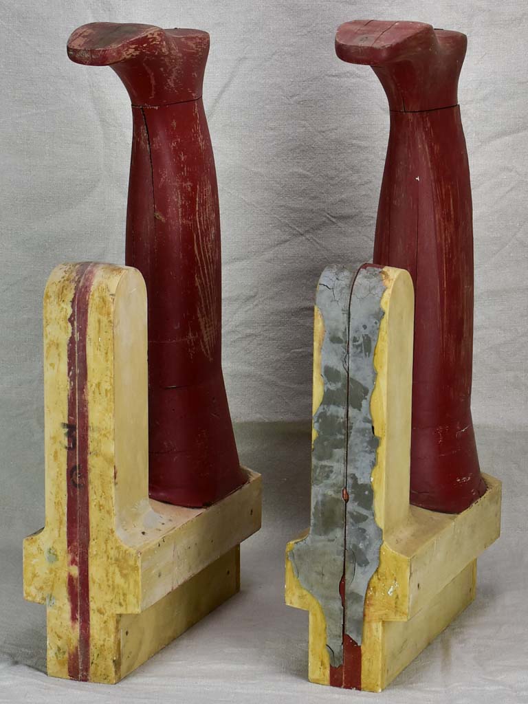 Large antique French wooden boot molds - red