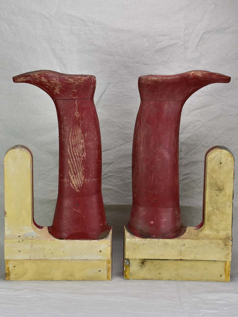 Large antique French wooden boot molds - red