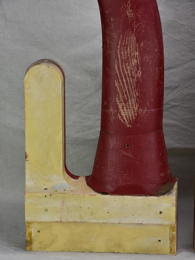 Large antique French wooden boot molds - red