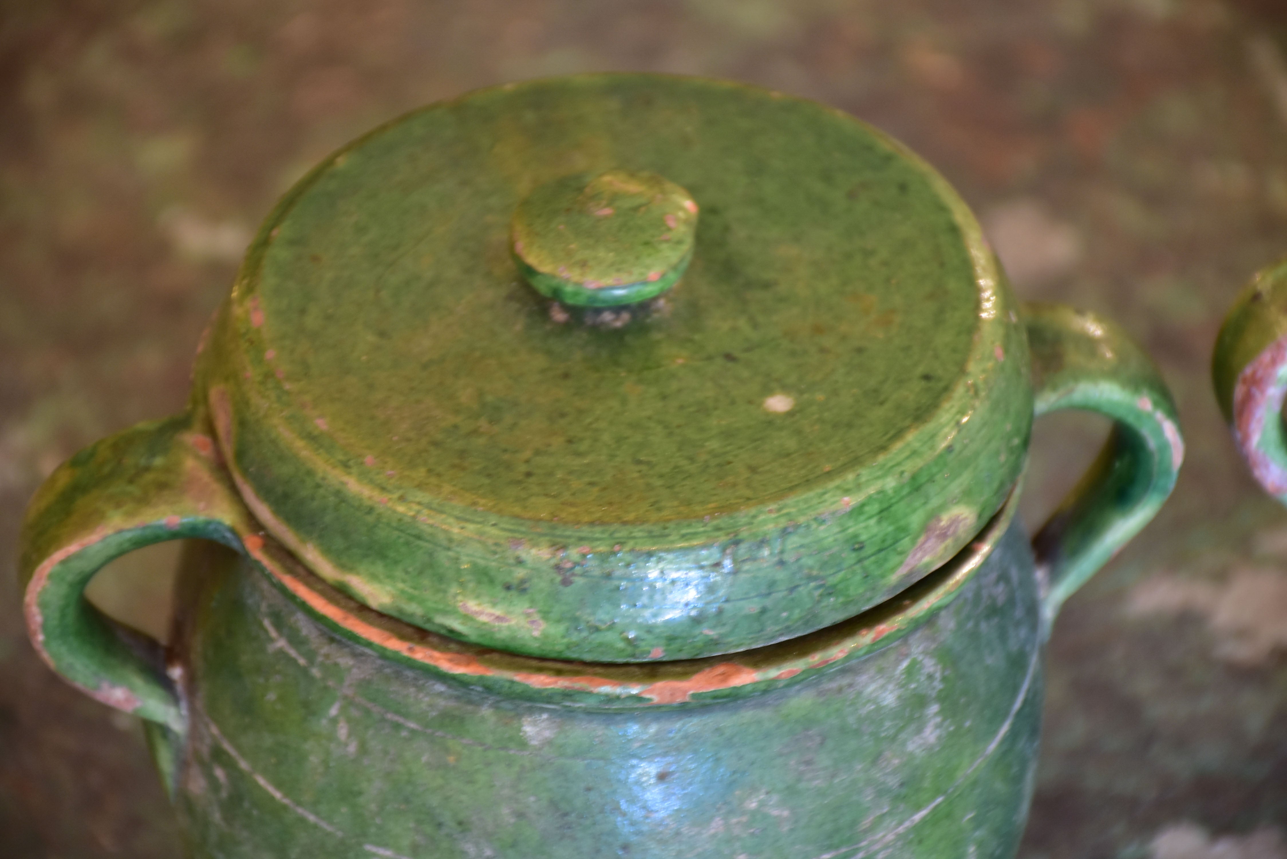 Pair of green glazed French preserving jars with lids