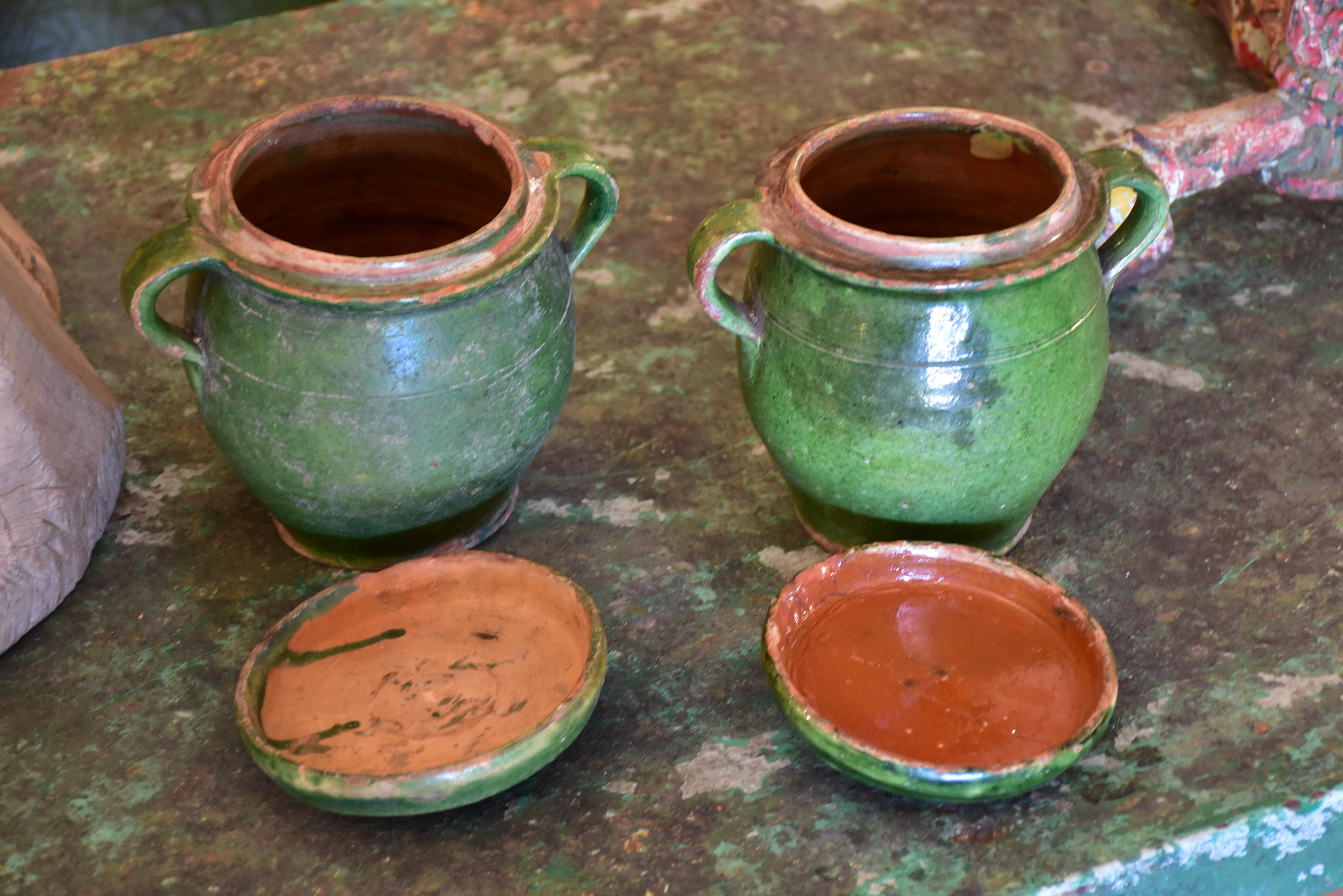 Pair of green glazed French preserving jars with lids