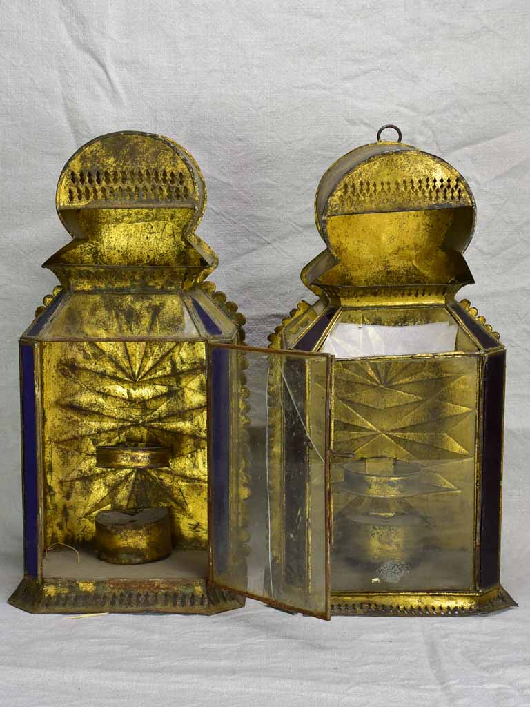 Two antique gold, red and blue wall lanterns 18½