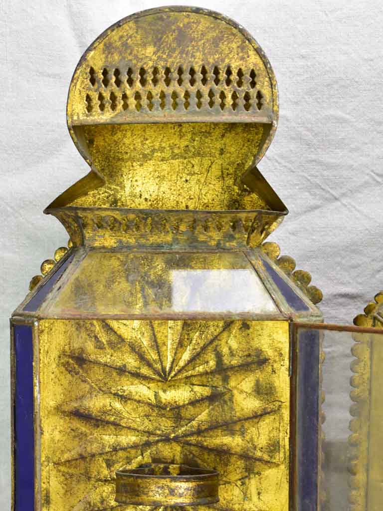 Two antique gold, red and blue wall lanterns 18½