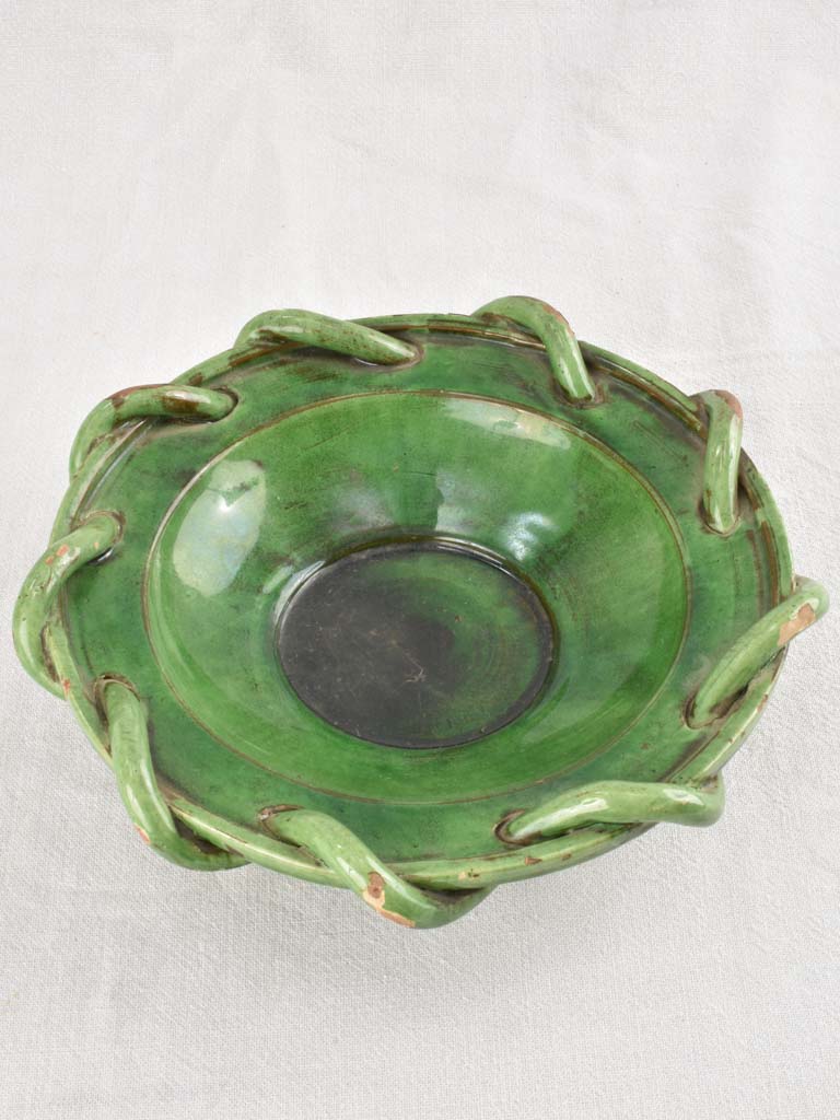 1950s green bowl with woven detail Joseph Elie, Salernes, Var 12½"