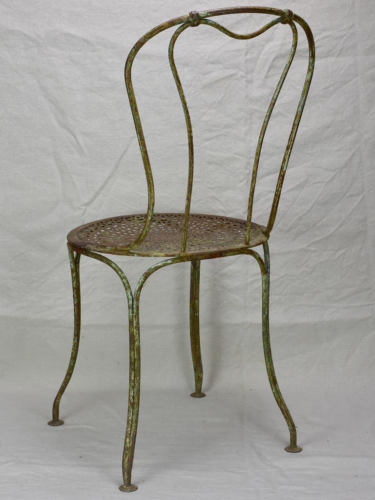 RESERVED Antique French garden chair with perforated seat and timeworn patina