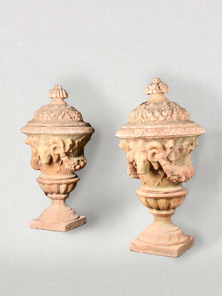 Extra-Large Pair Of Medici Urns w/ ram's heads 56"