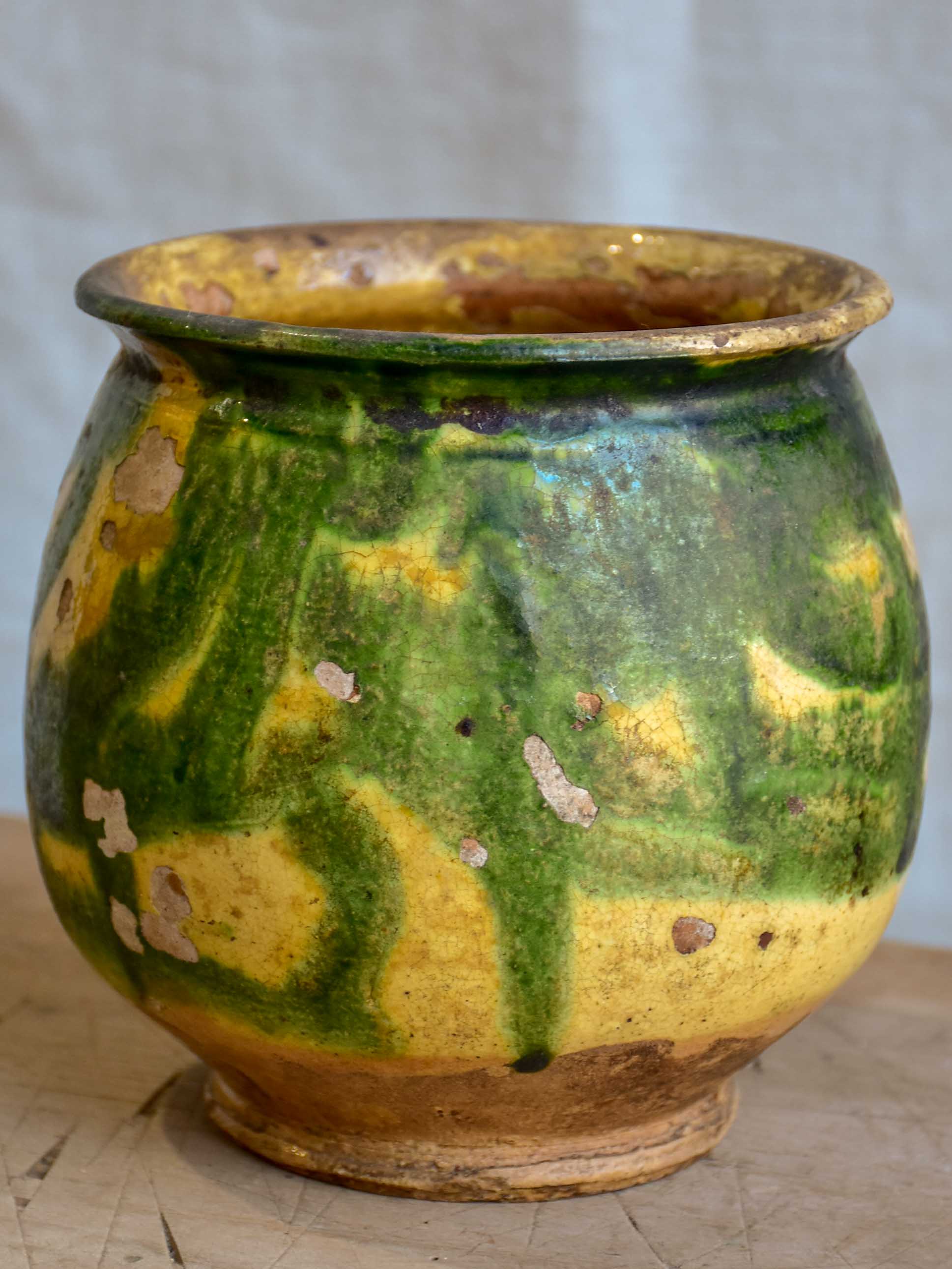 Antique French honey pot with green and yellow glaze 5 ¼''