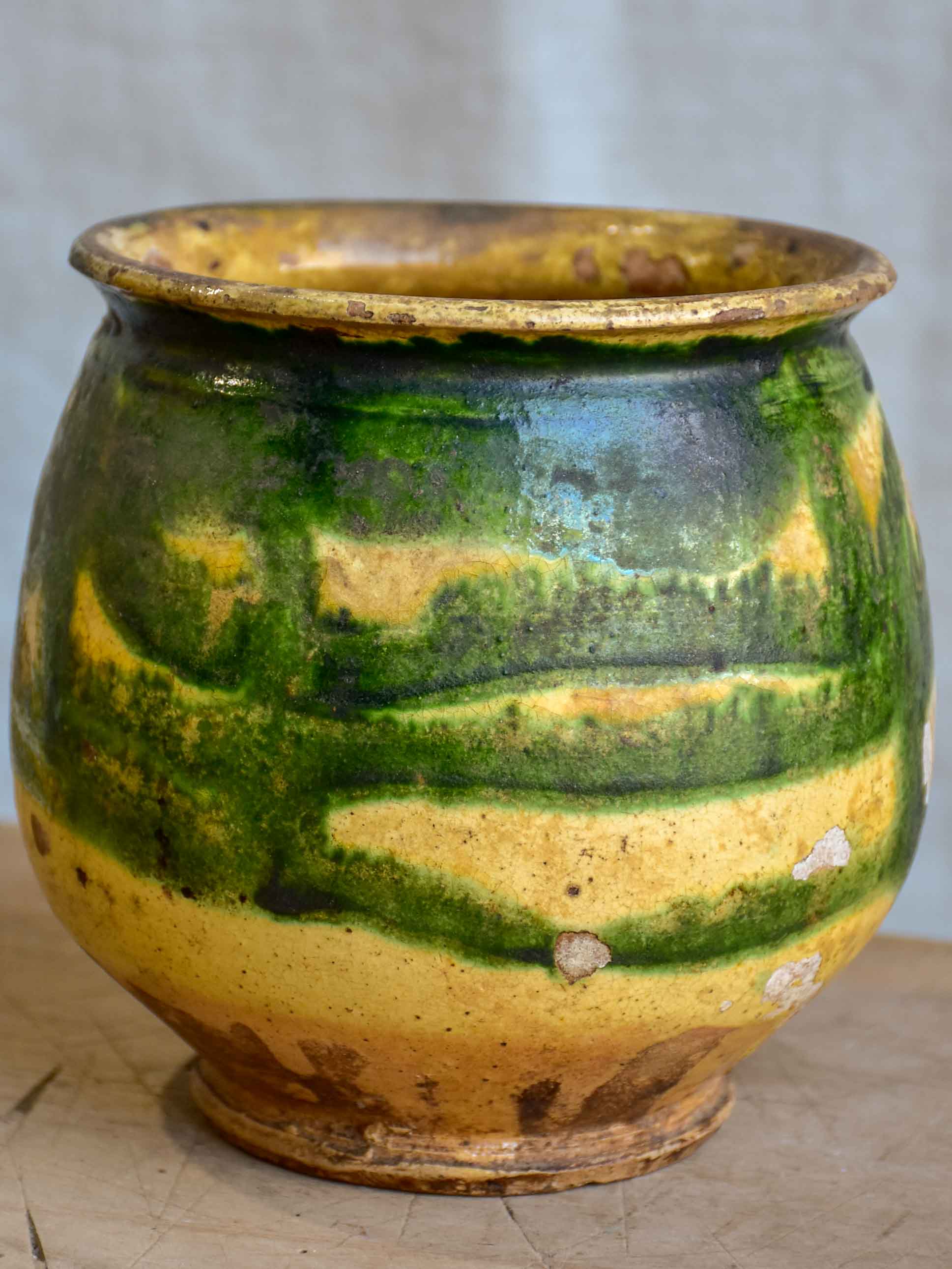 Antique French honey pot with green and yellow glaze 5 ¼''