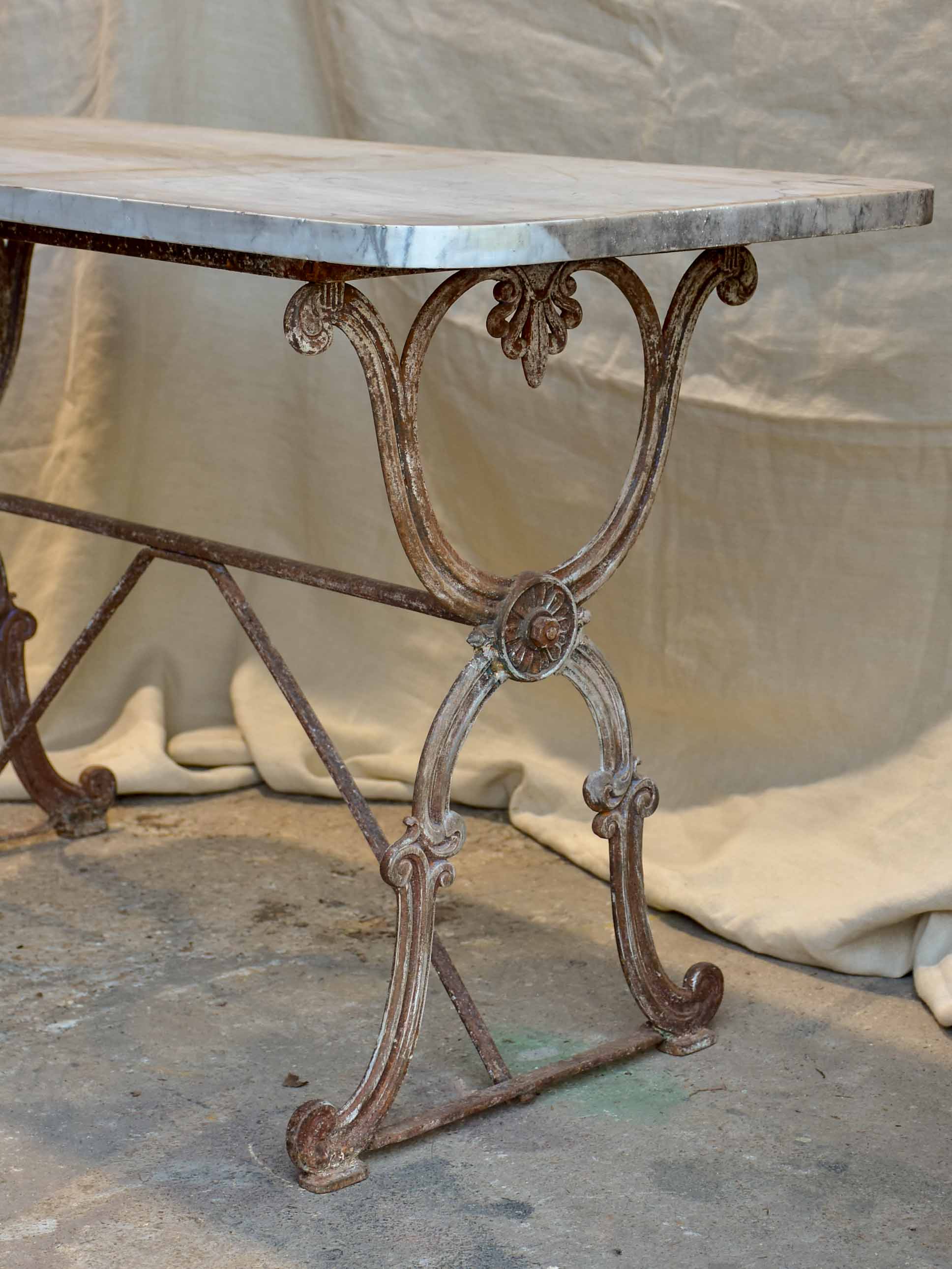 Antique French rectangular garden table with marble top