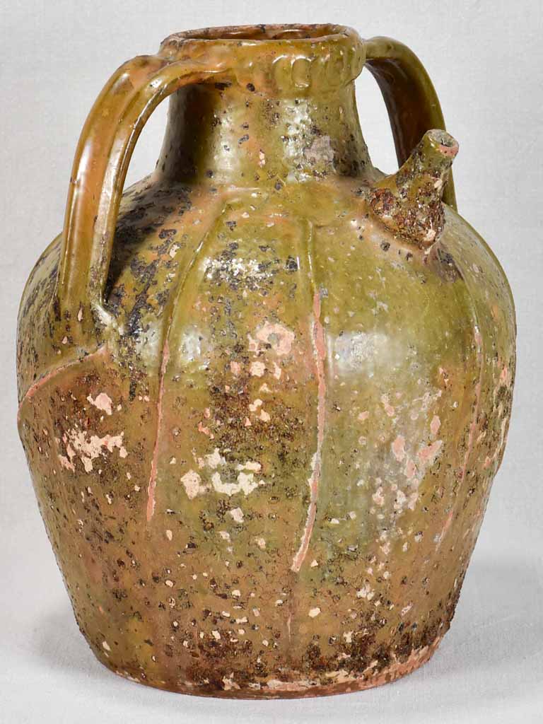 19th-century walnut oil pitcher from the Ardeche - olive green 15¾"