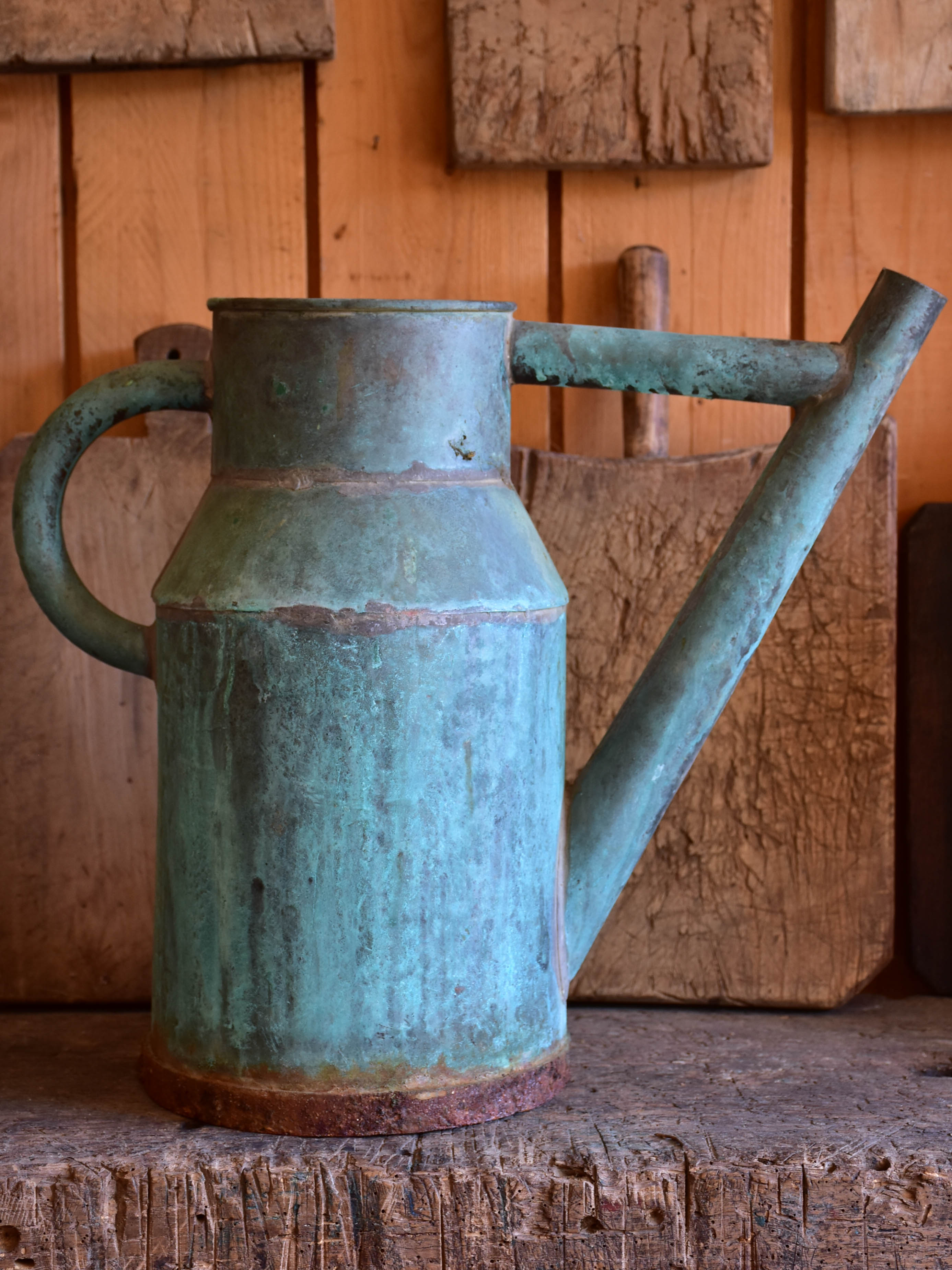 Antique French copper watering can with blue patina