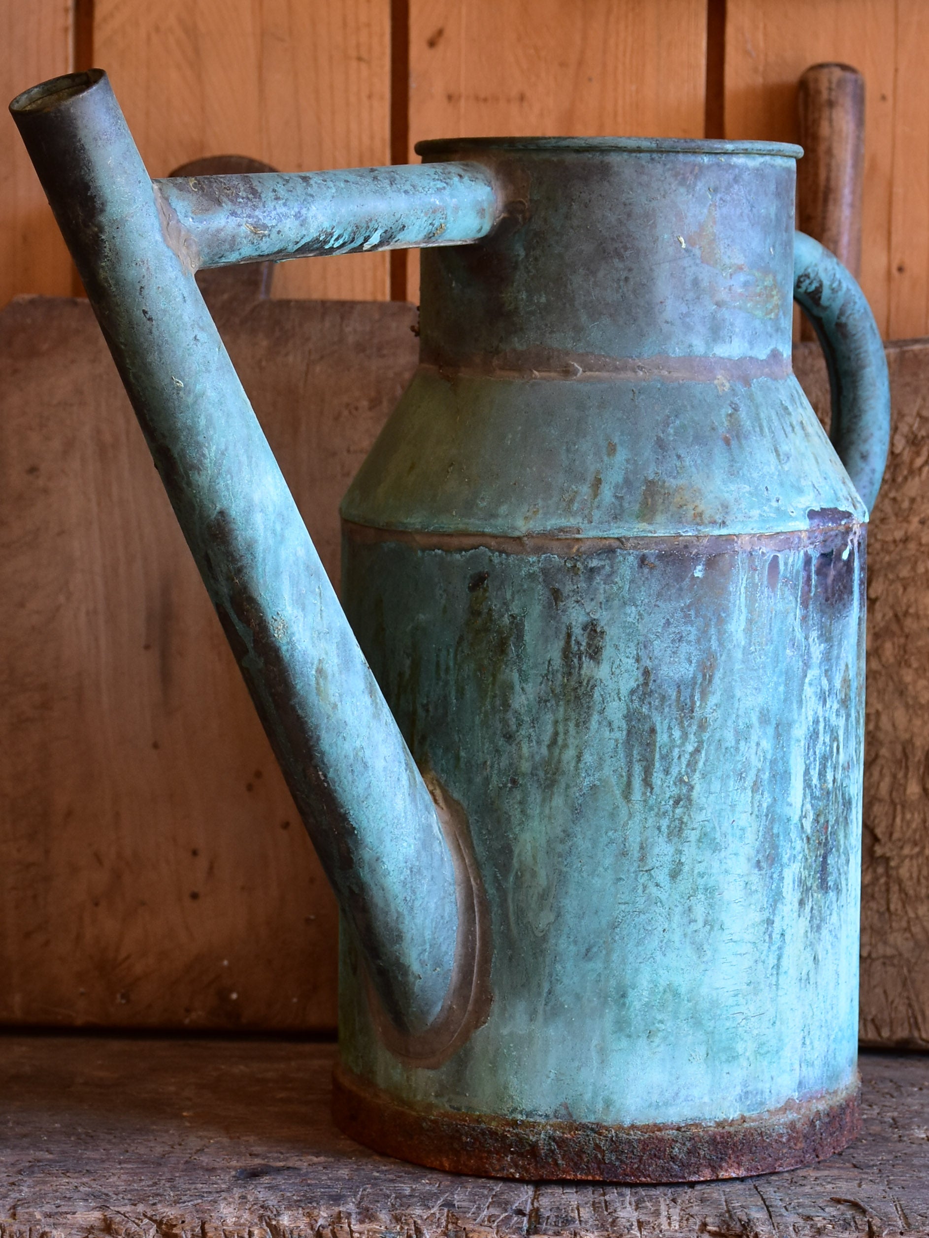 Antique French copper watering can with blue patina