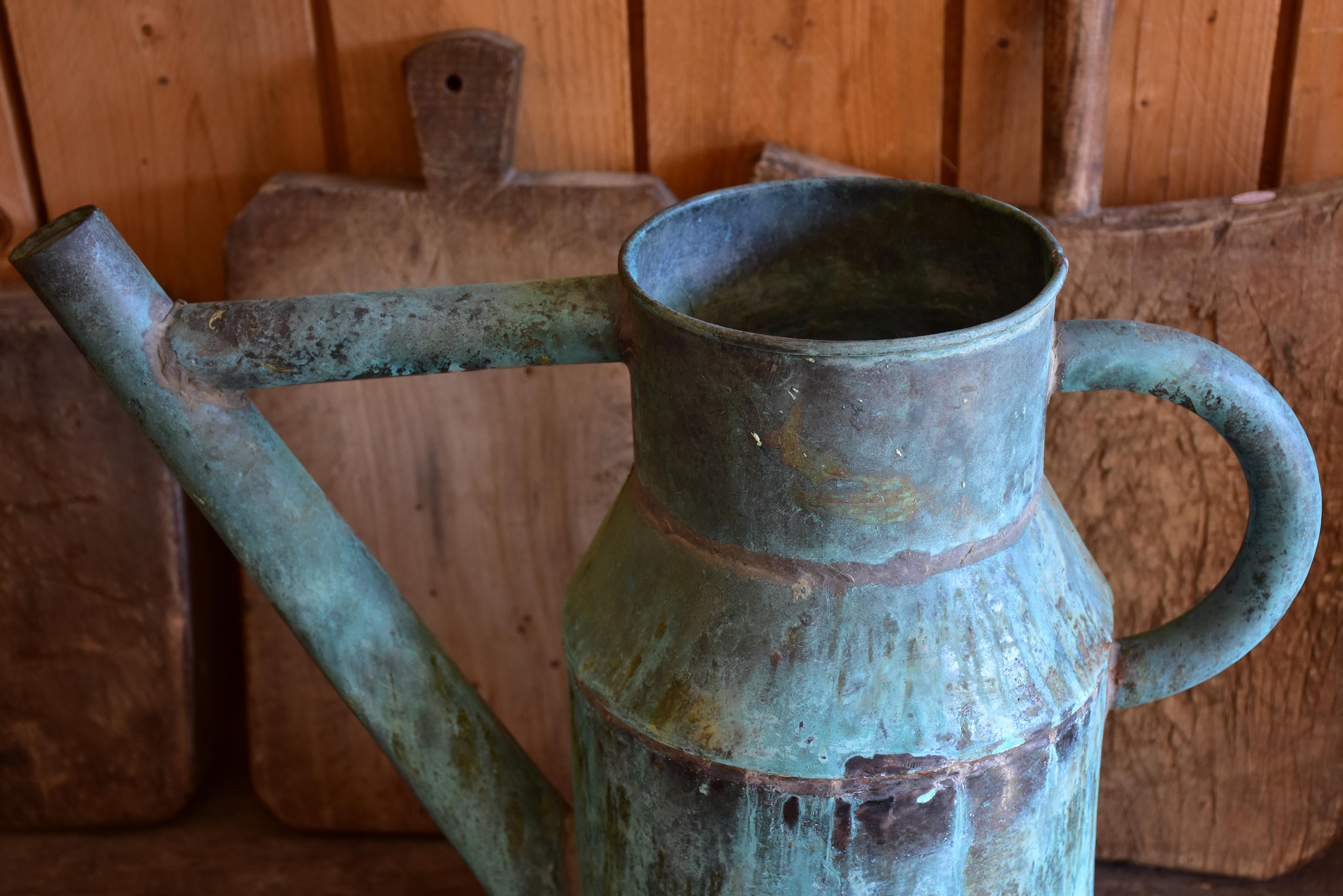 Antique French copper watering can with blue patina