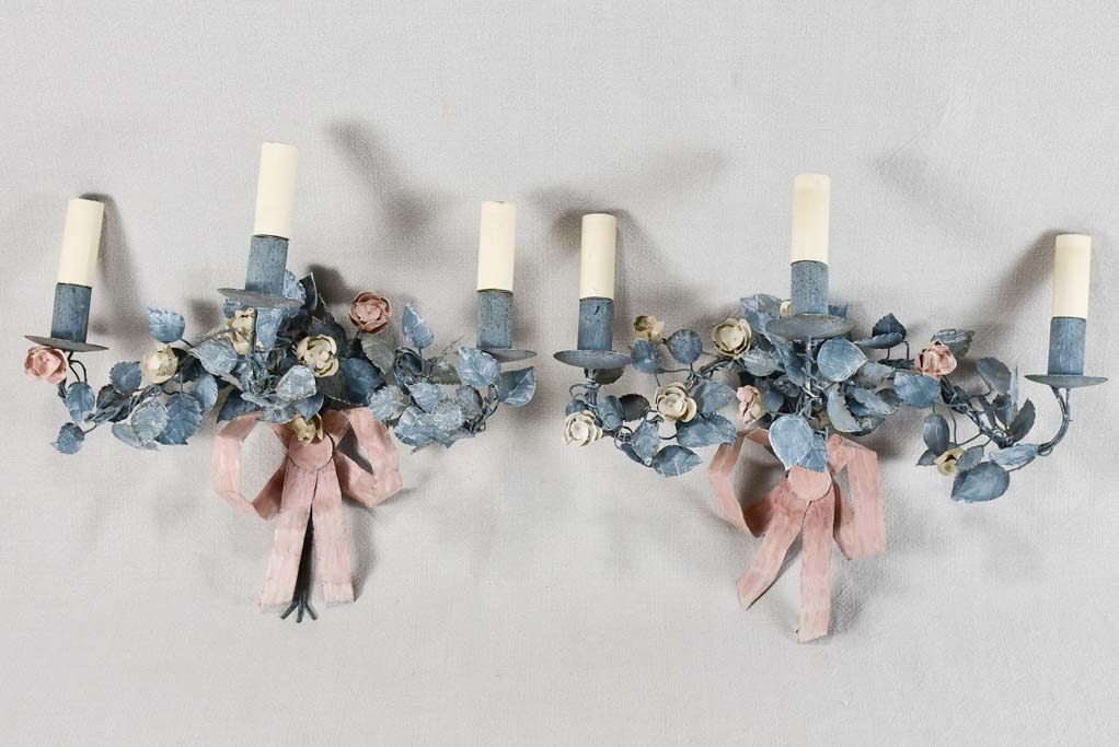 Vintage artisan-made wall sconces - blue and pink tole foliage