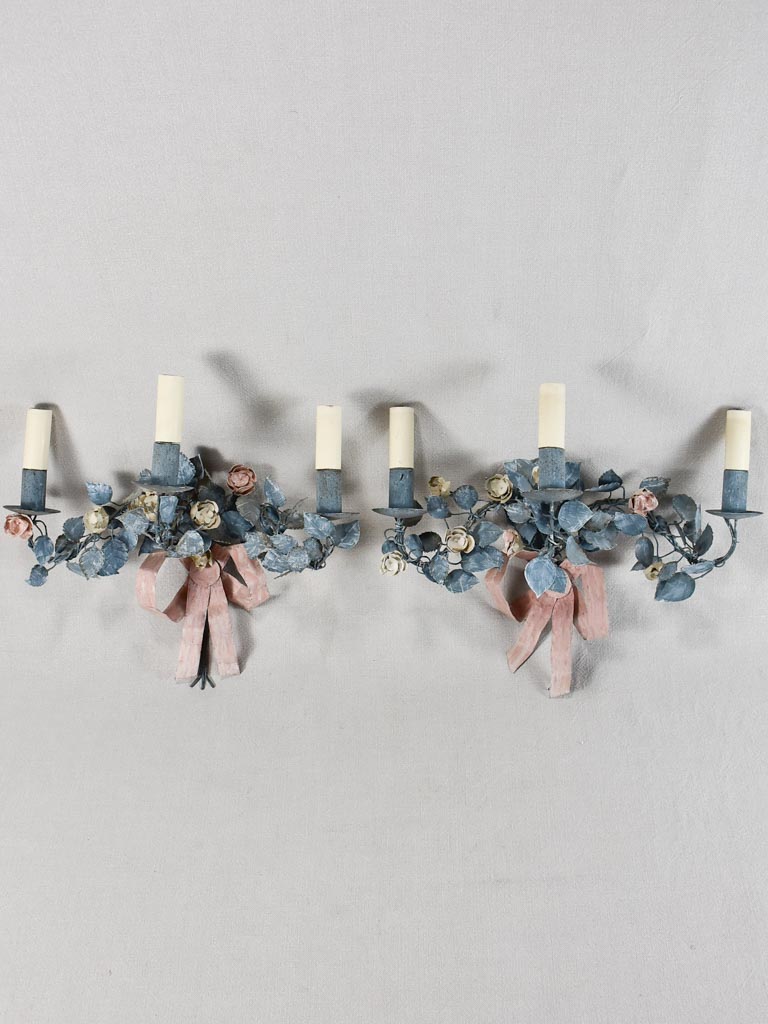 Vintage artisan-made wall sconces - blue and pink tole foliage