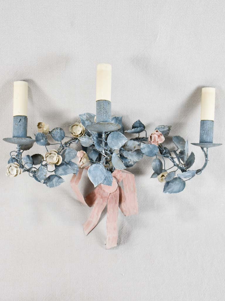 Vintage artisan-made wall sconces - blue and pink tole foliage