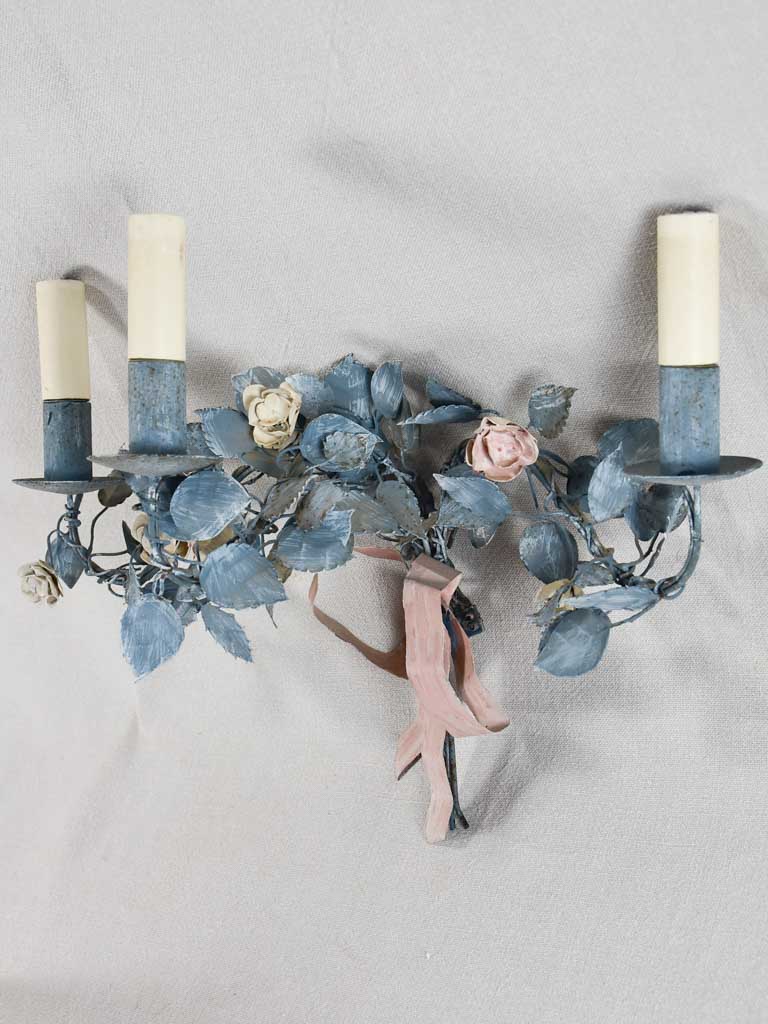 Vintage artisan-made wall sconces - blue and pink tole foliage