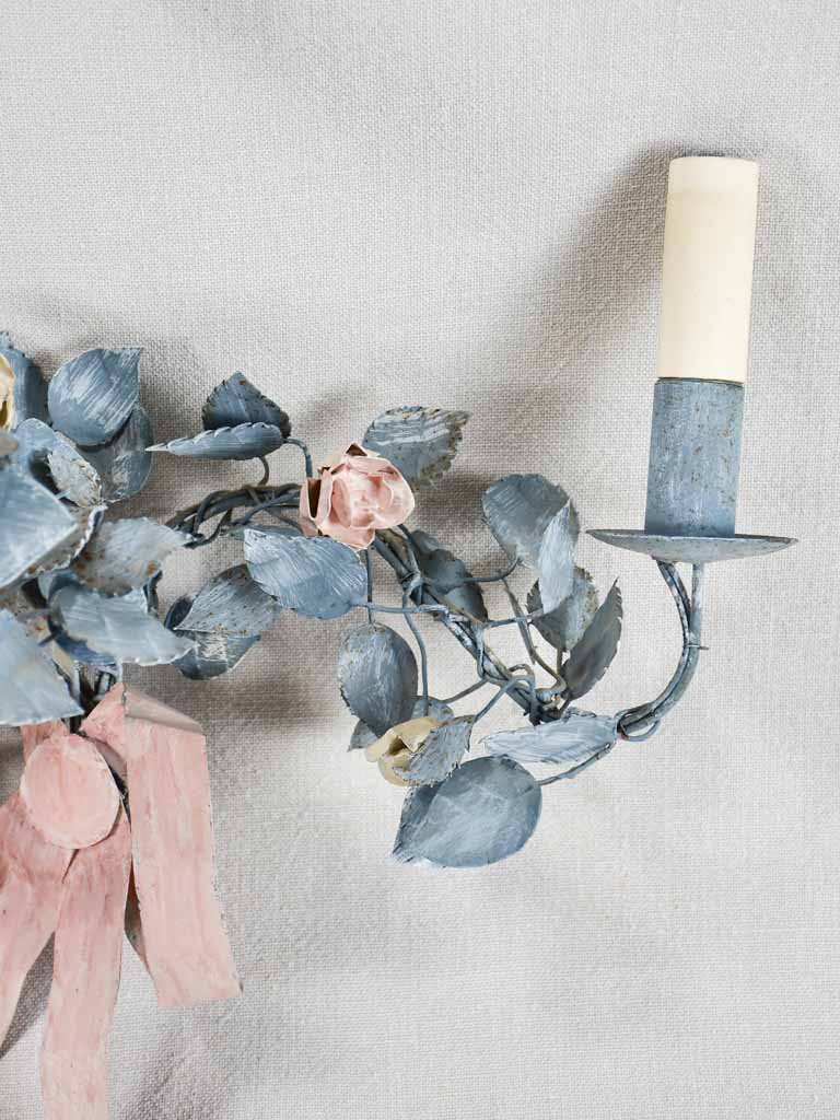 Vintage artisan-made wall sconces - blue and pink tole foliage