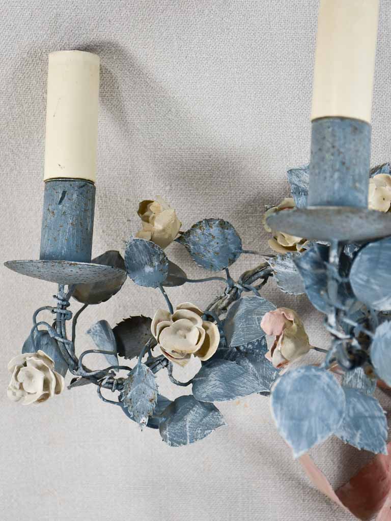 Vintage artisan-made wall sconces - blue and pink tole foliage