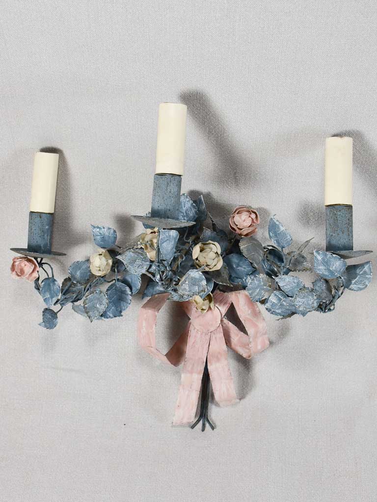 Vintage artisan-made wall sconces - blue and pink tole foliage