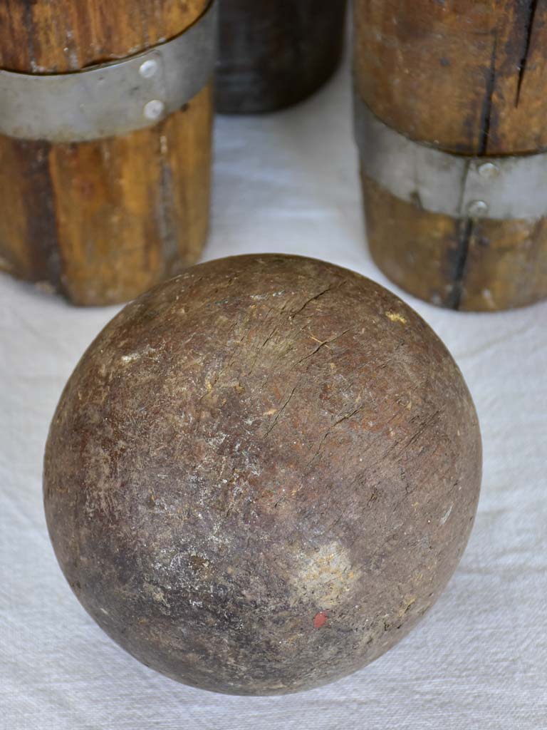 Collection of 9 carved walnut bowling skittles and ball - 19th century 15¼"