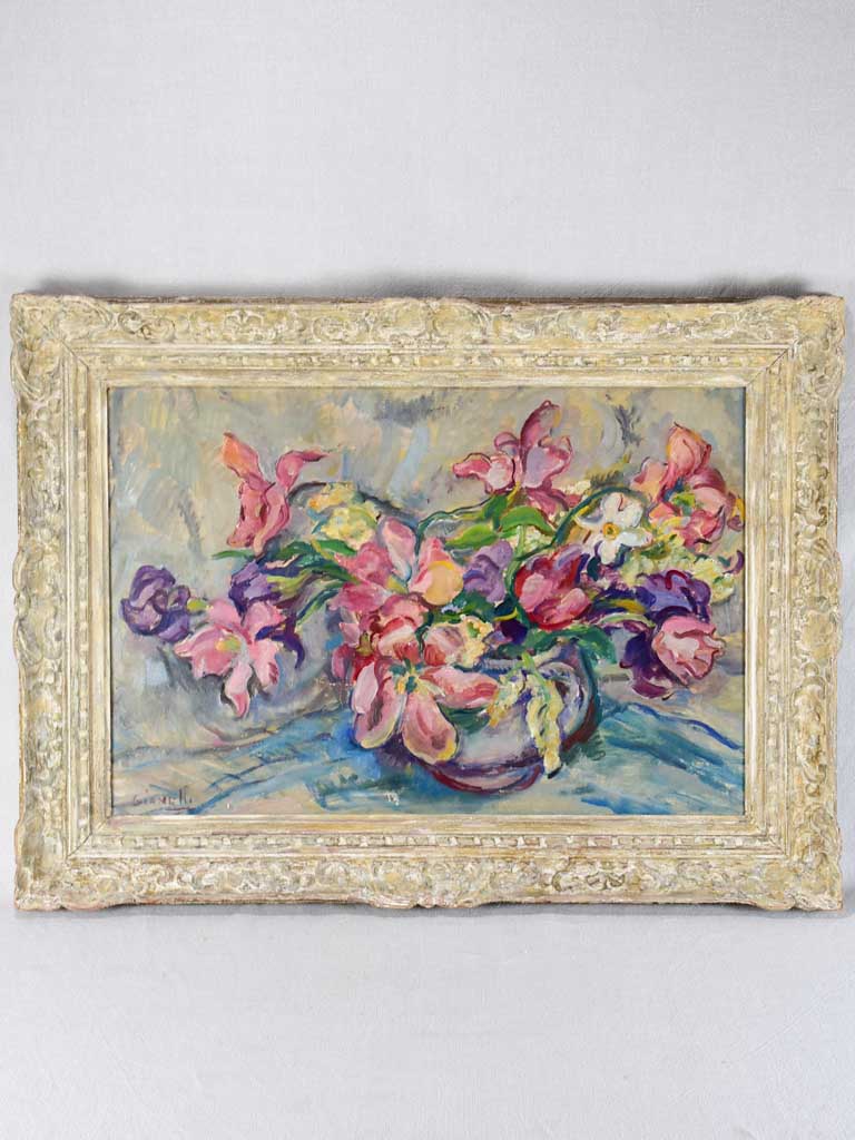 1950s still life of fatigued tulips signed Gianelli 27¼" x 36½"