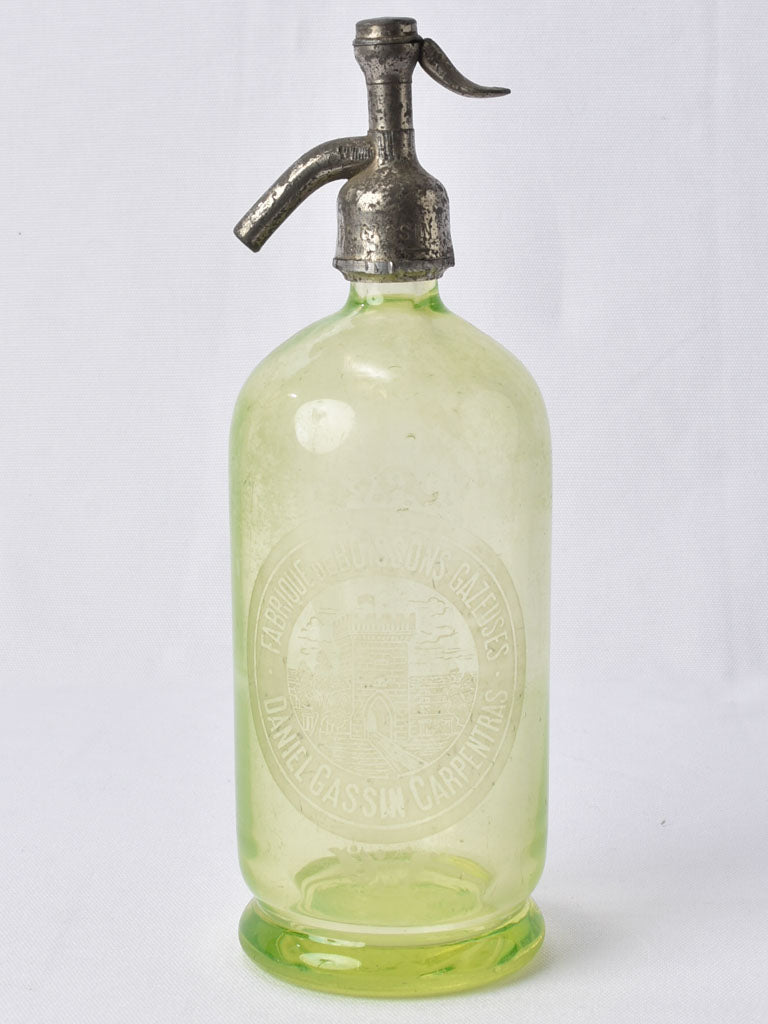 1930s Uranium glass seltzer siphon - D. Gassin Carpentras 12½"