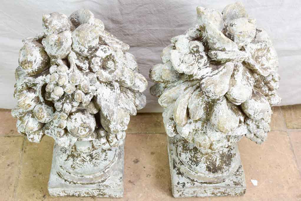 Pair of large vintage fruit basket finials with beige patina (18th Century style) 24"