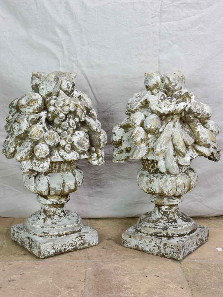 Pair of large vintage fruit basket finials with beige patina (18th Century style) 24"