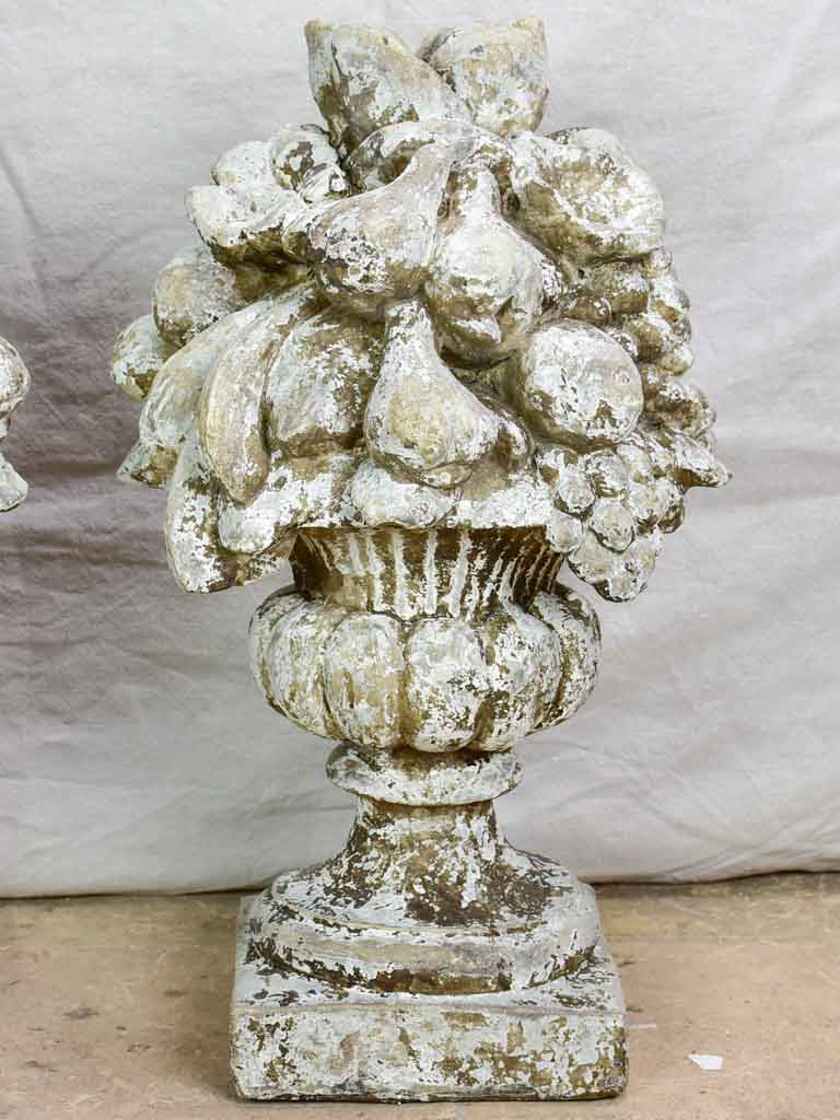 Pair of large vintage fruit basket finials with beige patina (18th Century style) 24"