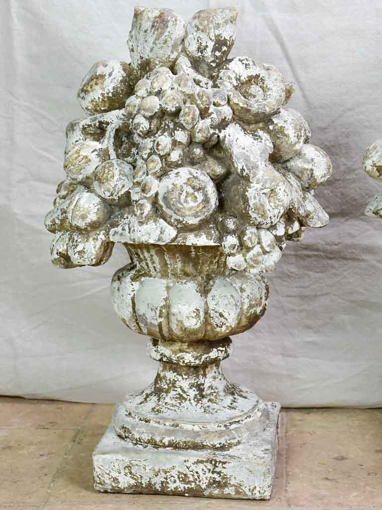 Pair of large vintage fruit basket finials with beige patina (18th Century style) 24"