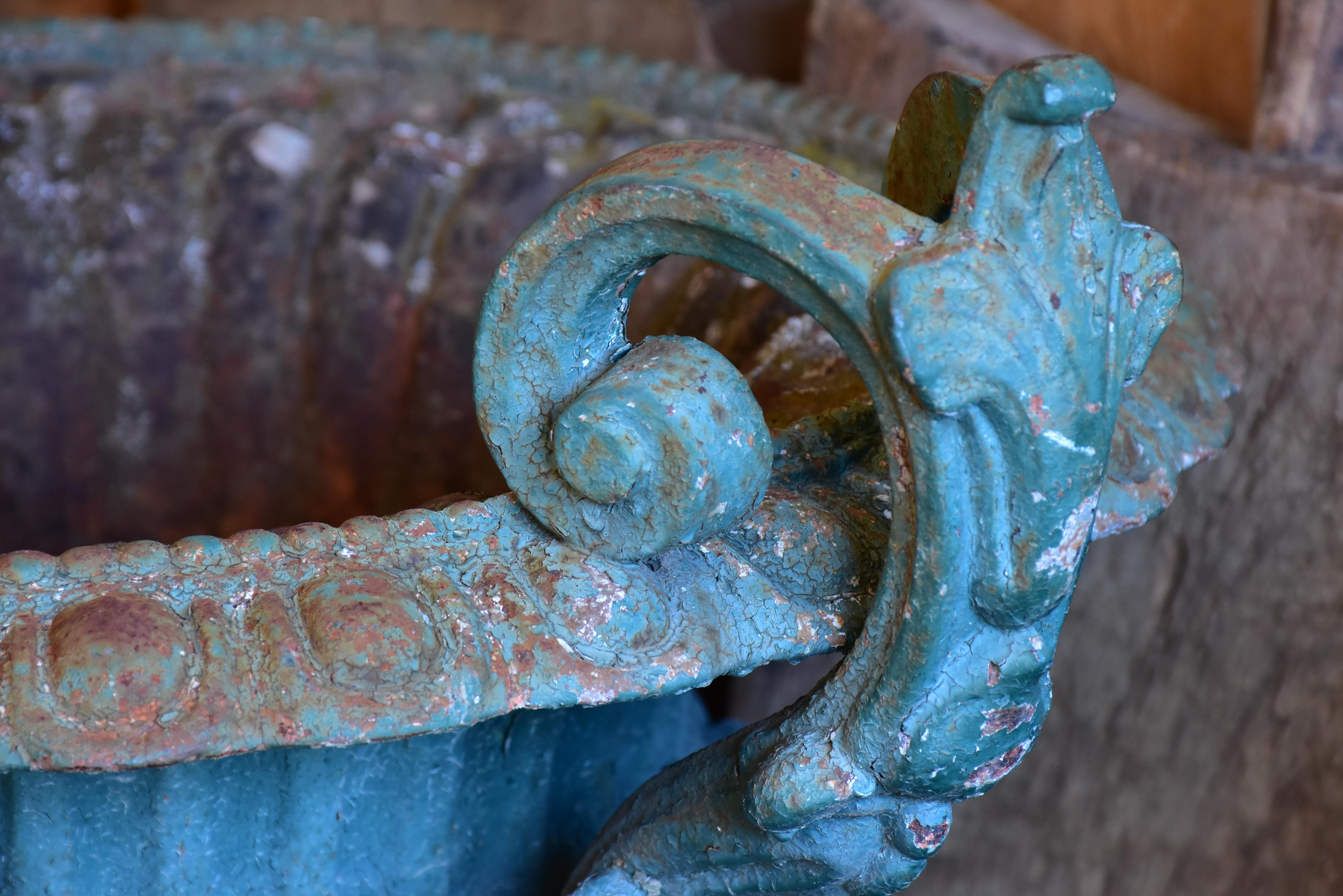 Late 19th century Chambord garden urn with green patina and decorative handles