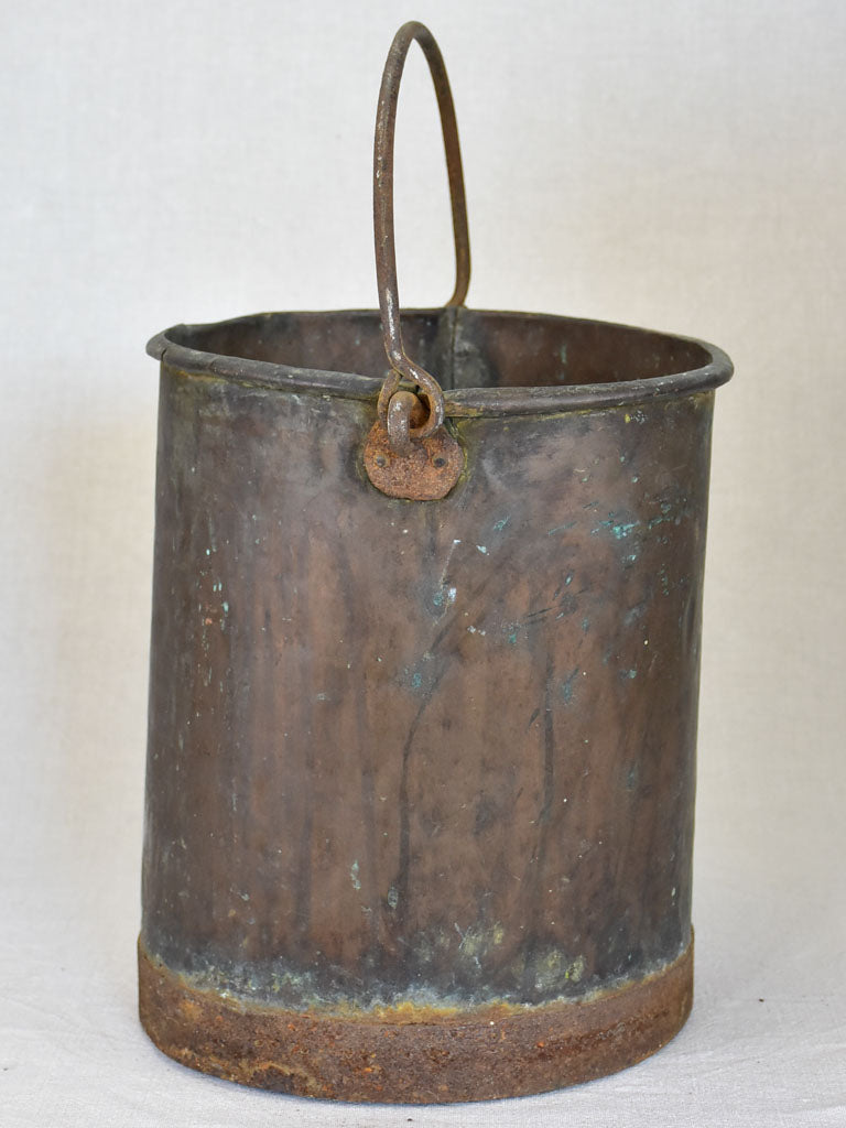 19th Century French copper winemaker's bucket with folded edge and burnt patina 13"