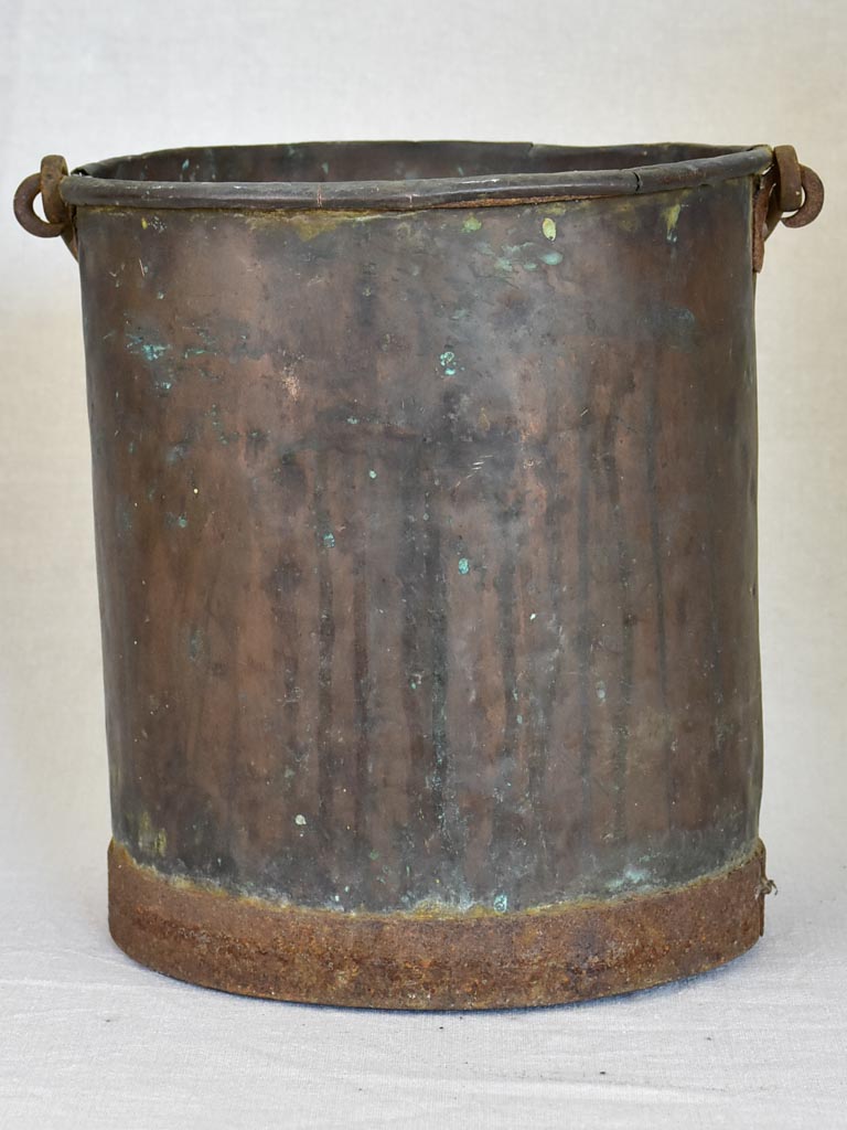 19th Century French copper winemaker's bucket with folded edge and burnt patina 13"