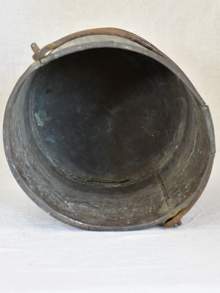 19th Century French copper winemaker's bucket with folded edge and burnt patina 13"