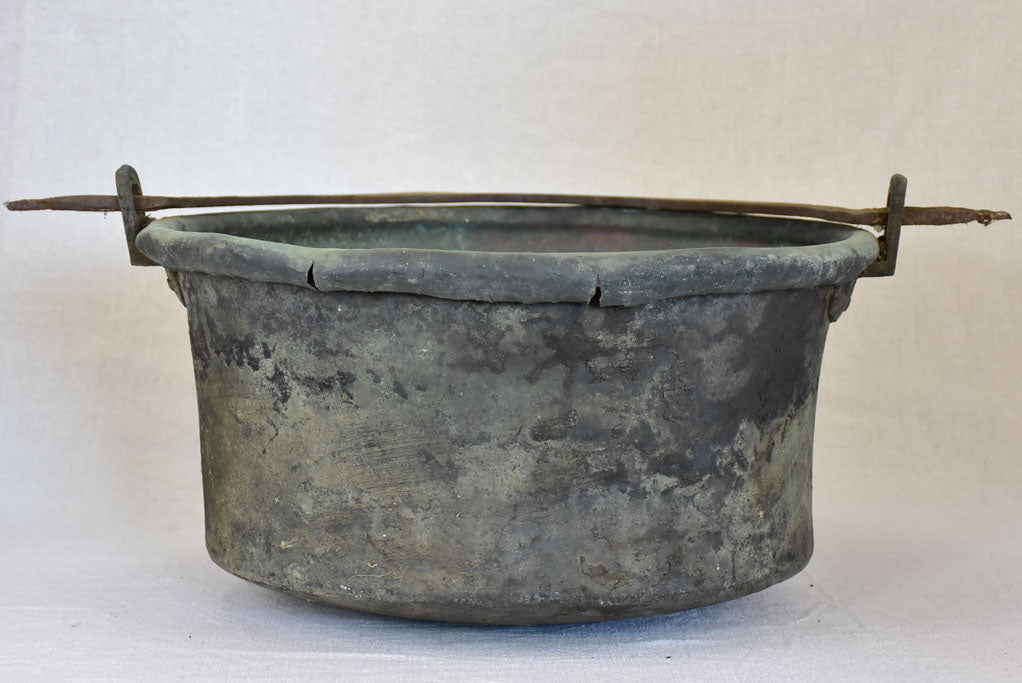 18th Century French winemaker's copper cauldron with large iron handle 19¼"