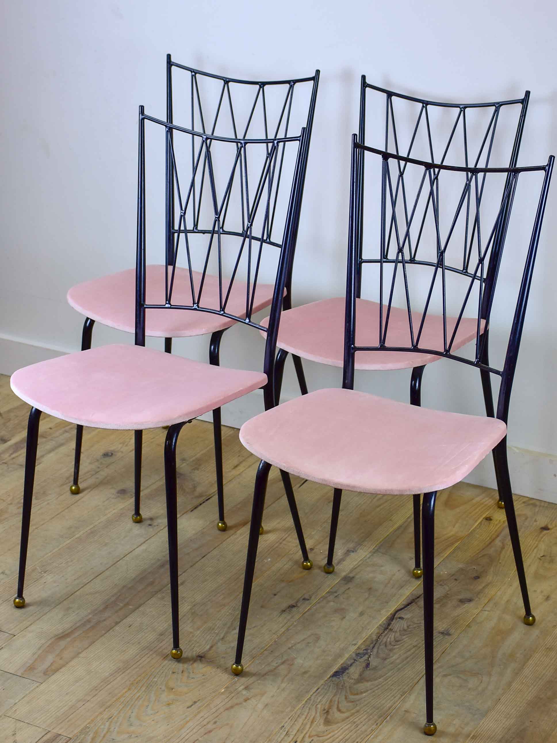 Four Colette Gueden mid-century dining chairs with pink upholstery