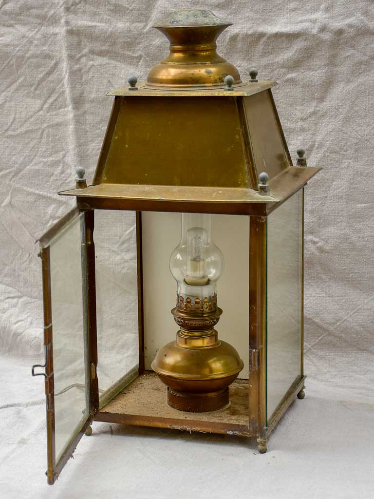 19th Century French wall sconce lantern with original oil lamp fitting - yellow copper 21¼"