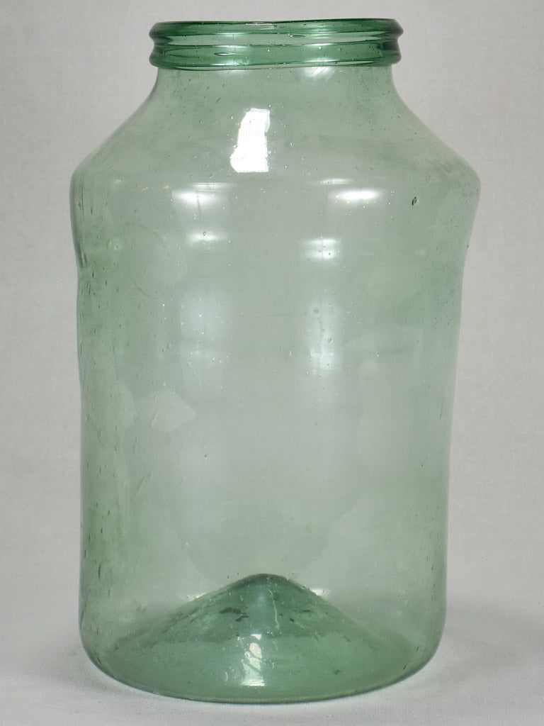 Large antique French blown glass preserving jar - blue green 19¾"