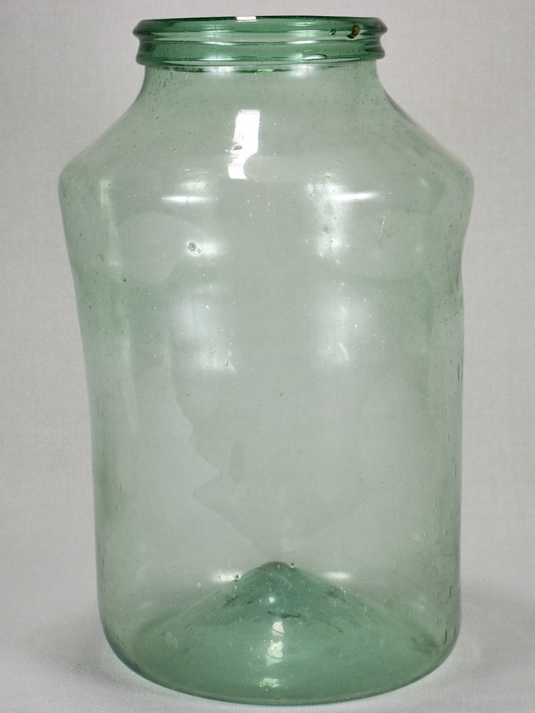 Large antique French blown glass preserving jar - blue green 19¾"