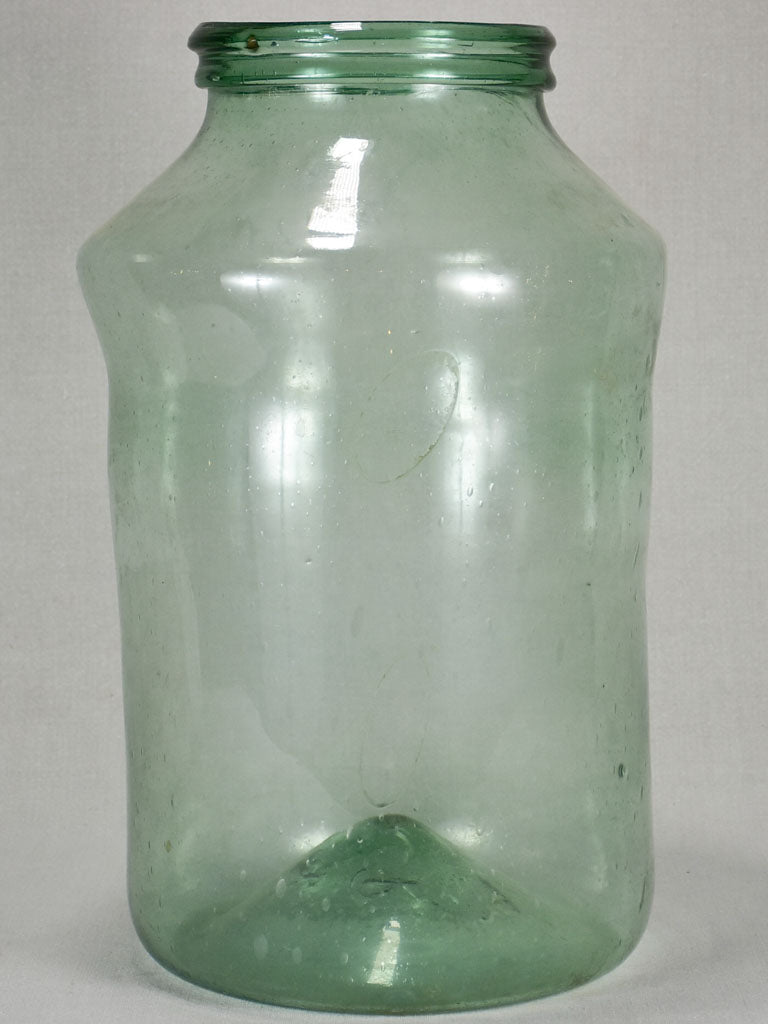 Large antique French blown glass preserving jar - blue green 19¾"